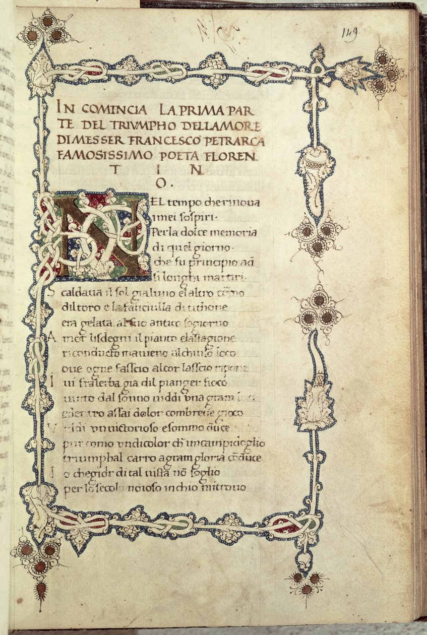 Ms.392 fol.149 Triumf miłości, z „Sonetti, Canzoni e Triomphi” Petrarki (1304-73) 1470 (welum) autorstwa Italian School