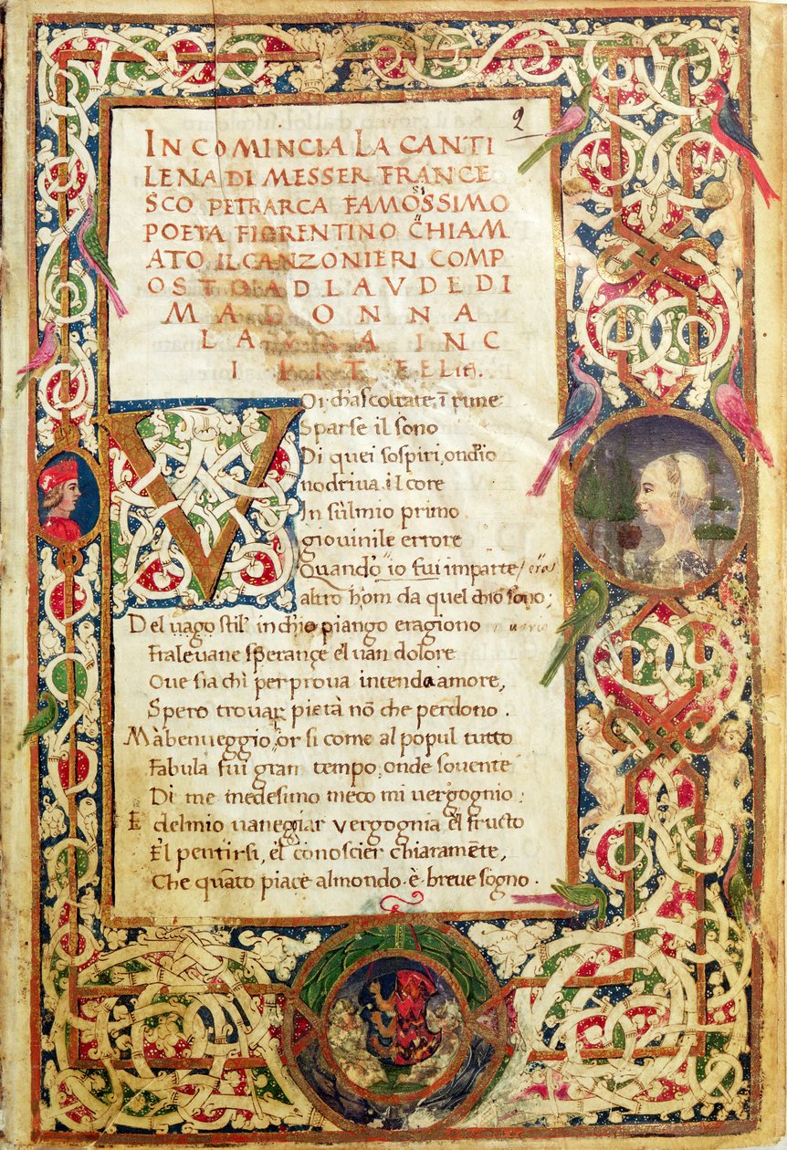 Ms.392 fol.1 Pieśń na cześć Wawrzyńca z „Sonetti, Canzoni e Triomphi” Petrarki autorstwa Italian School