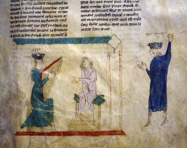 Ms.EST.59 fol.98r Córka króla Faramonta próbuje uwieść Tristana, z Historii Tristana autorstwa Italian School