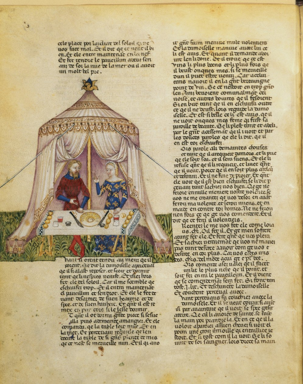 Pani Fr 343 f.31v Sir Percival jest kuszony przez damę, która daje mu ucztę, zanim go uwiedzie, z Queste del Saint Graal, ok. 1380-85 autorstwa Italian School