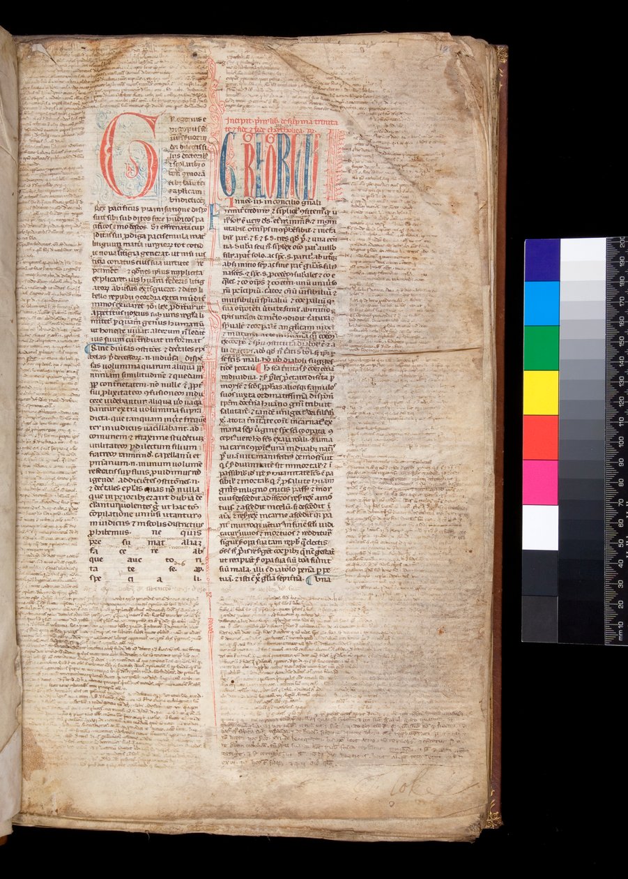 Ms 213. Grzegorz IX, Dekrety z aparatem Bernardo Botone z Parmy, F.1r. Inicjał [G] w kolorze czerwonym z zarezerwowaną i niebieską dekoracją piórkową autorstwa Italian School