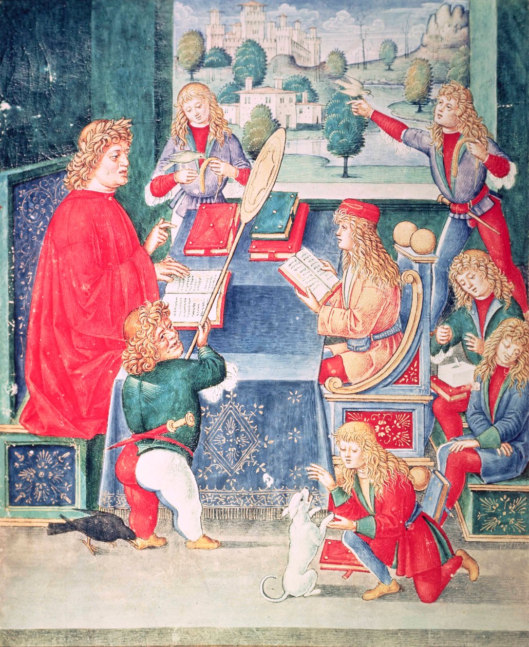 Ms 2167 f.13v Maximilian Sforza uczęszczający na lekcje, Lombard, z „Donatus Grammatica” (welum) autorstwa Italian School