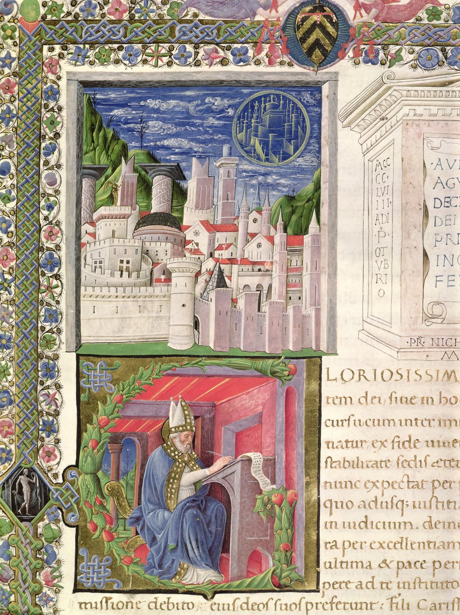 Ms 218 f.2r Widok Rzymu jako miasta Boga i pismo św. Augustyna z „De Civitate Dei” św. Augustyna z Hippony (354-430) 1459 (welum) autorstwa Italian School