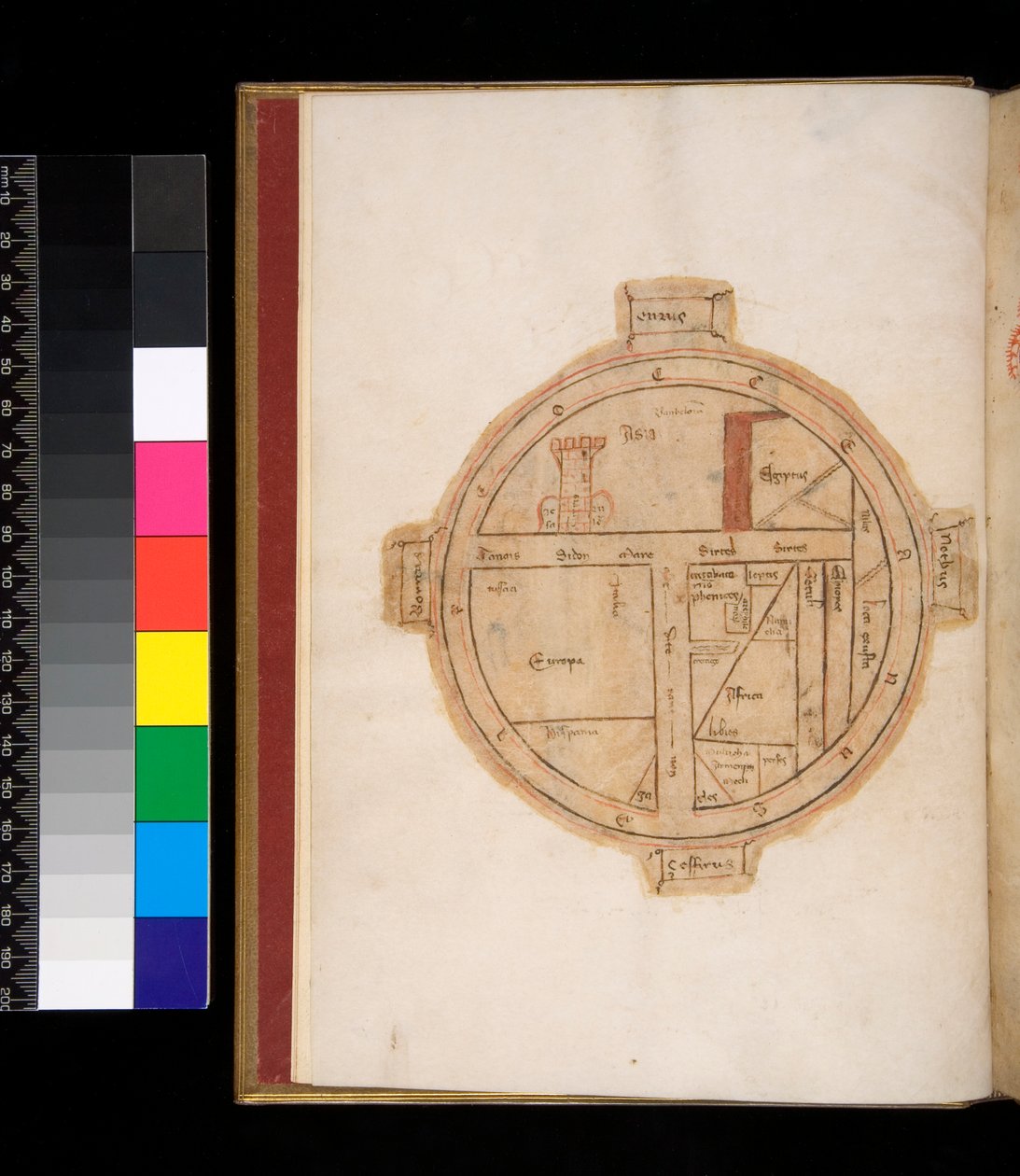 Ms 315. Horace, Ars Poetica i Epistulae, f.1v. T-O Mapa świata z wieżą przedstawiającą Jerozolimę autorstwa Italian School