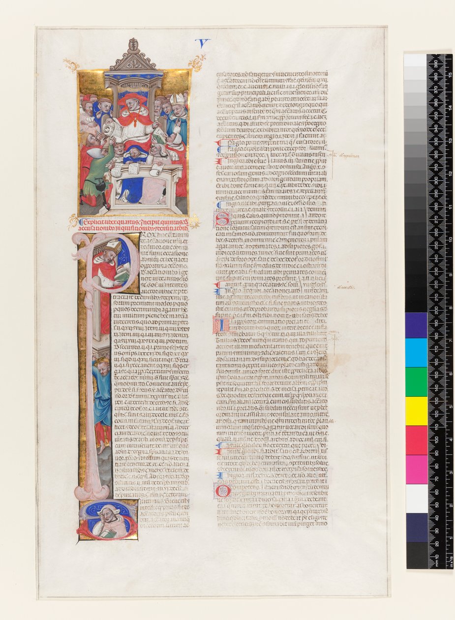 Ms 331 fol.1r Strona tekstu z historycznym inicjałem P i miniaturą przedstawiającą kardynała intronizowanego, z księgi V Dekretów Grzegorza IX, z Bolonii, ok. 1350 r. autorstwa Italian School