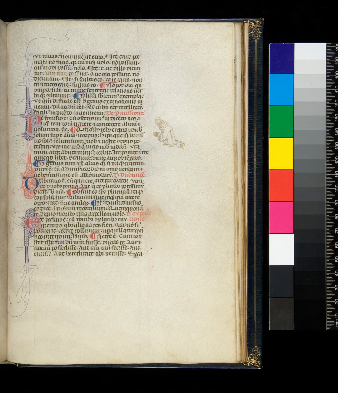 Ms 373. Pseudo-Cicero, Rhetorica ad Herennium i inne prace, f.50r. Inicjały ozdobione piórem i zdobienie piórem na marginesie przedstawiające klęczącego bosego mnicha, ok. 1337 r. autorstwa Italian School