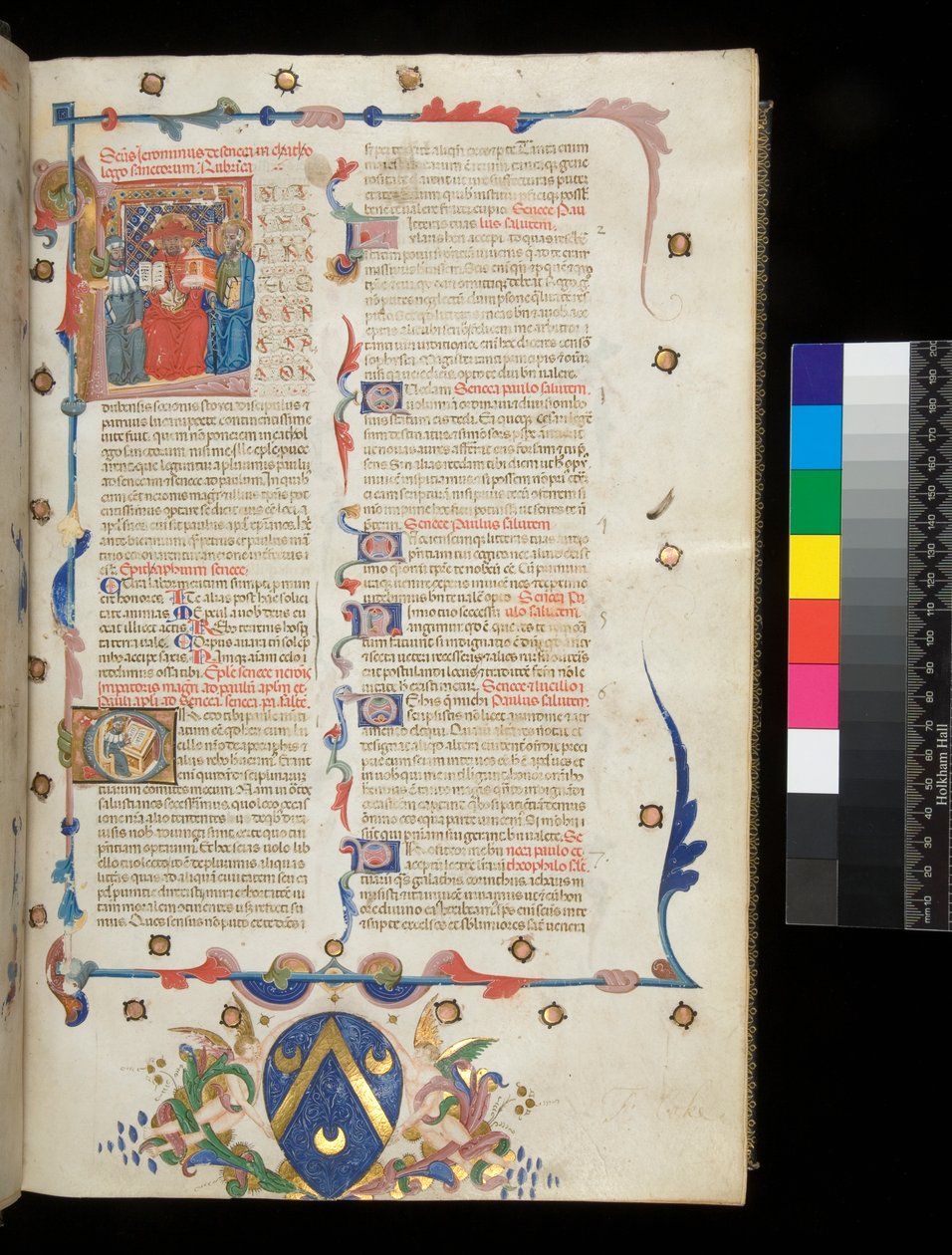 Ms 390. Seneka Młodszy, Opera i Seneka Starszy, Excerpta controversiarum, f.1r. Strona Incipit z historycznym inicjałem [L] zawierającym Hieronima, św. Pawła i Senekę, Wenecja Euganejska autorstwa Italian School