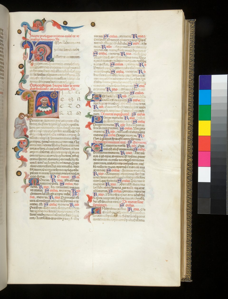 Ms 390. Seneka Młodszy, Opera i Seneka Starszy, Excerpta controversiarum, f.95r. Inicjał zamieszkały [L], z portretem Seneki wskazującym na Koło fortuny i przygnębioną męską postacią na obramowaniu autorstwa Italian School