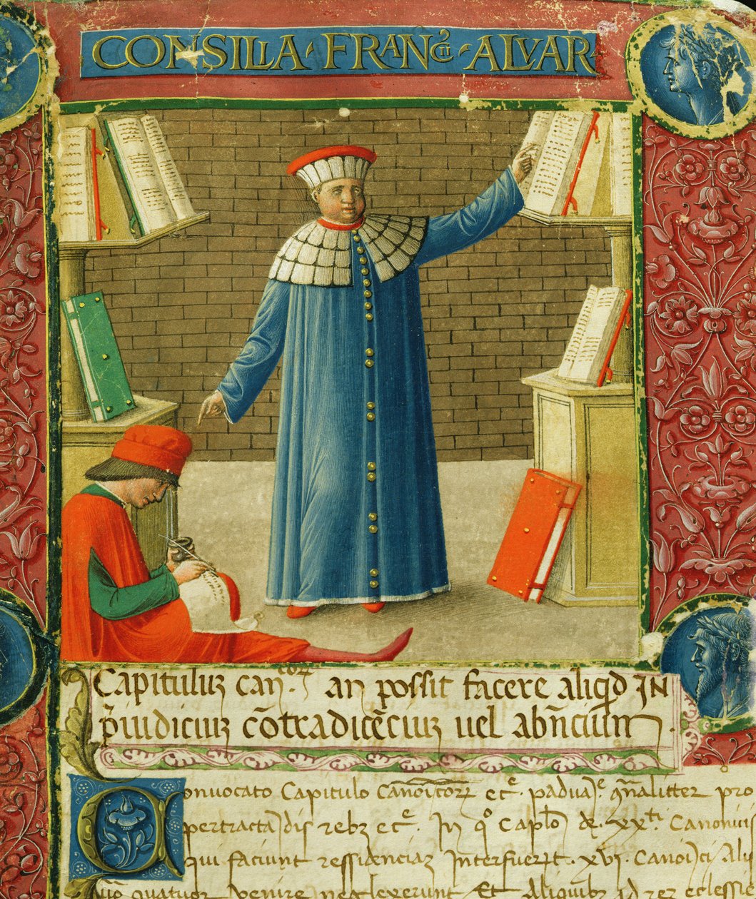 Ms. 450, miniatura z „Consilia et Allegations”, listy Francesco Alvarottiego, c.1477-78 (welum) autorstwa Italian School