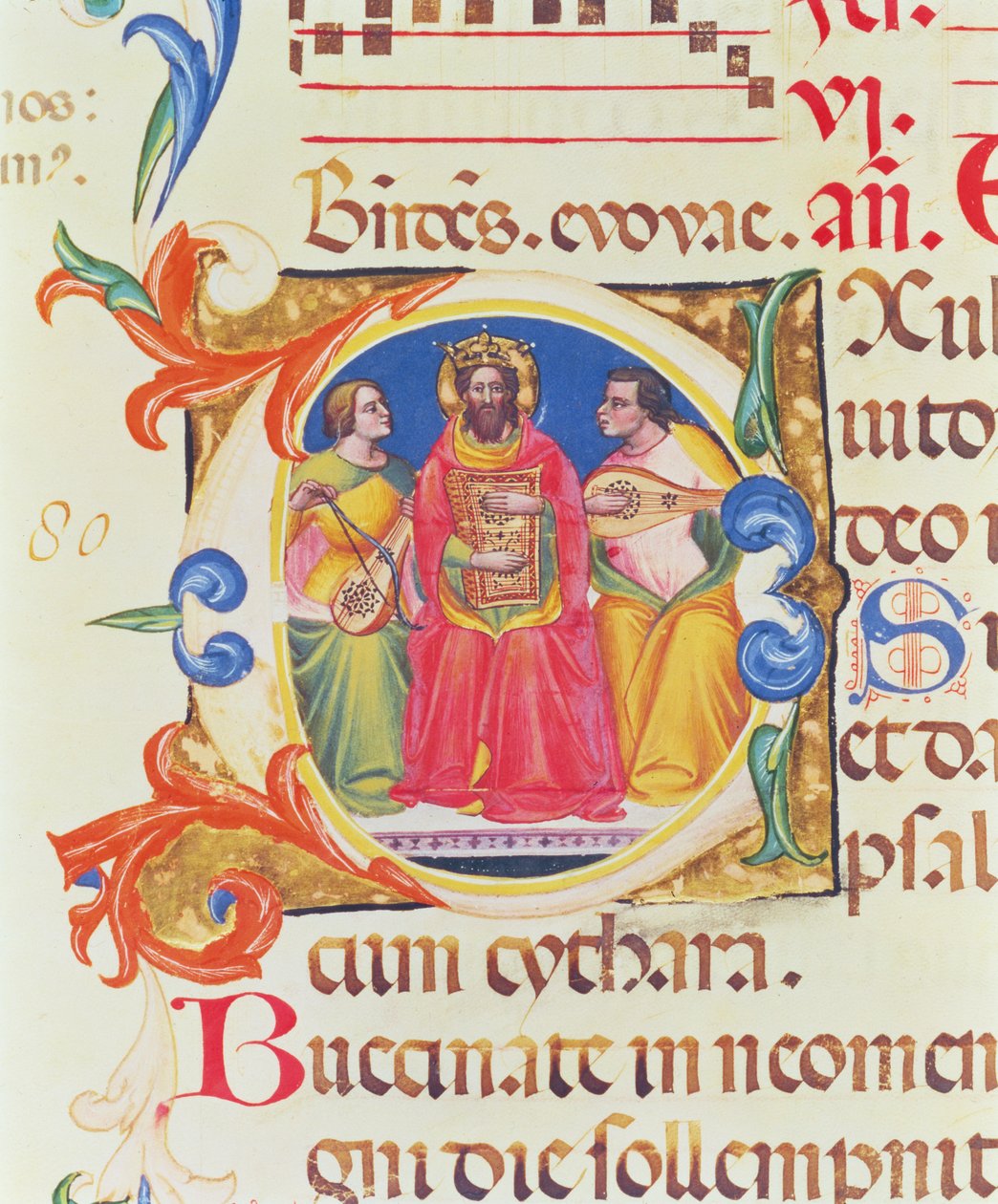 Ms. 559 f.155v Historyczny inicjał O przedstawiający króla Dawida i dwa anioły, z Psałterza Santa Maria Novella, iluminowany przez Paolo Soldiniego (fl.1342-86) 1379 autorstwa Italian School