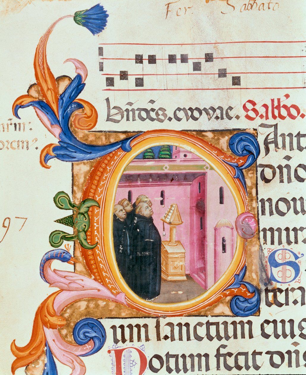 Ms 559 f.176f Historyczny inicjał C przedstawiający mnichów patrzących na tekst, z Psałterza Santa Maria Novella, iluminowany przez Paolo Soldiniego (fl.1342-86) 1379 autorstwa Italian School