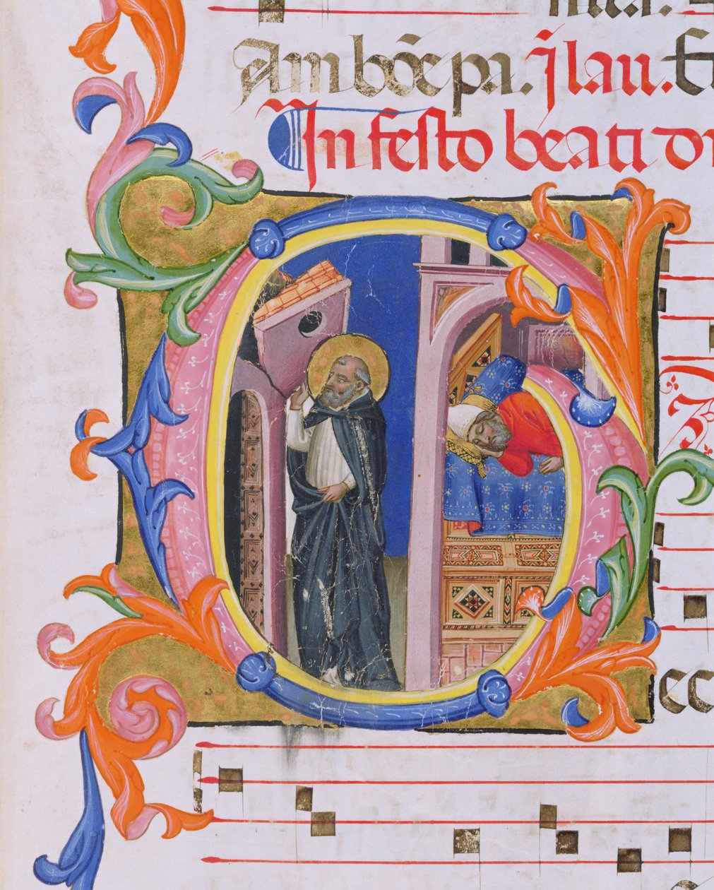Ms 559 f.298v Historyczny inicjał G przedstawiający św. Dominika podtrzymującego Kościół i sen papieża Honoriusza III (1216-27) z Psałterza H z San Marco e Cenacoli autorstwa Italian School