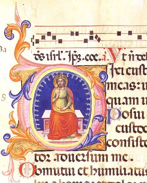 Ms 559 f.38v Historyczny inicjał „O” przedstawiający św. Mateusza, z Psałterza Santa Maria Novella, iluminowany przez Paolo Soldiniego (fl.1342-86) autorstwa Italian School