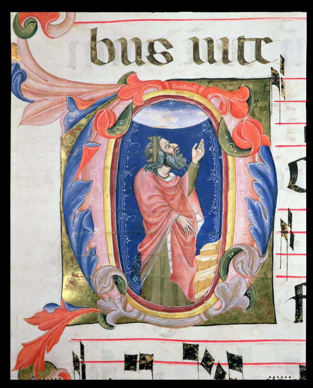 Ms 570 f.105r Historyczny inicjał D przedstawiający króla Dawida w modlitwie autorstwa Italian School