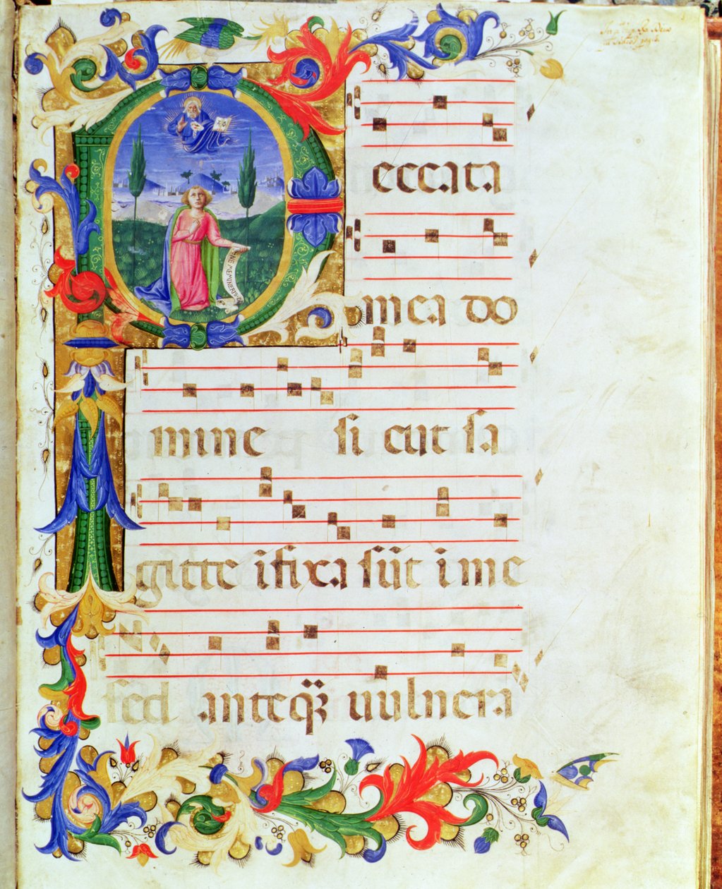 Ms 577 f.1 Historyczny inicjał „P” przedstawiający męską postać na pustyni, z „Messale di Sant