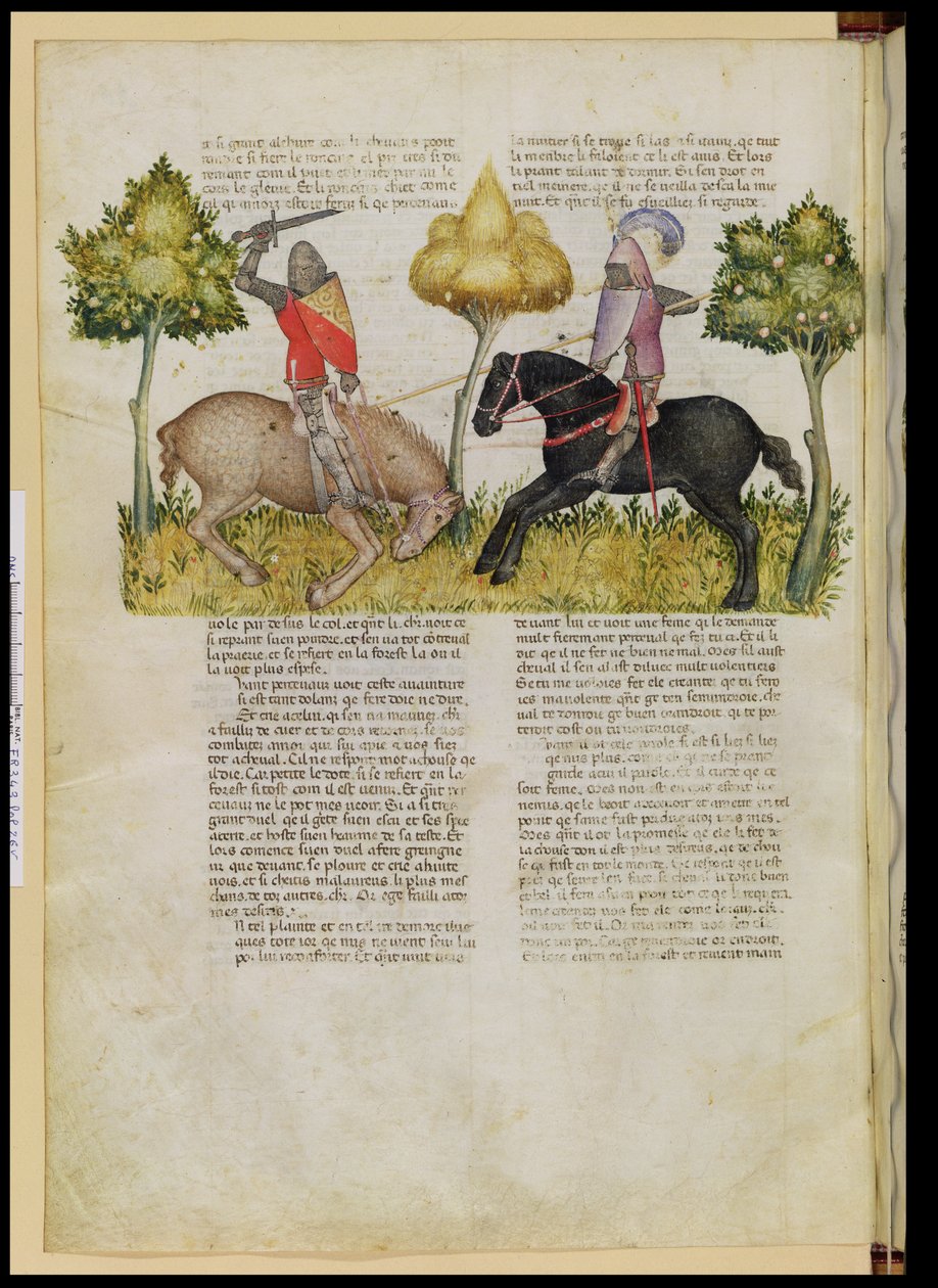 Pani Fr 343 fol.26v Sir Percivals koń zostaje zabity, z Queste del Saint Graal, ok. 1380-85 autorstwa Italian School