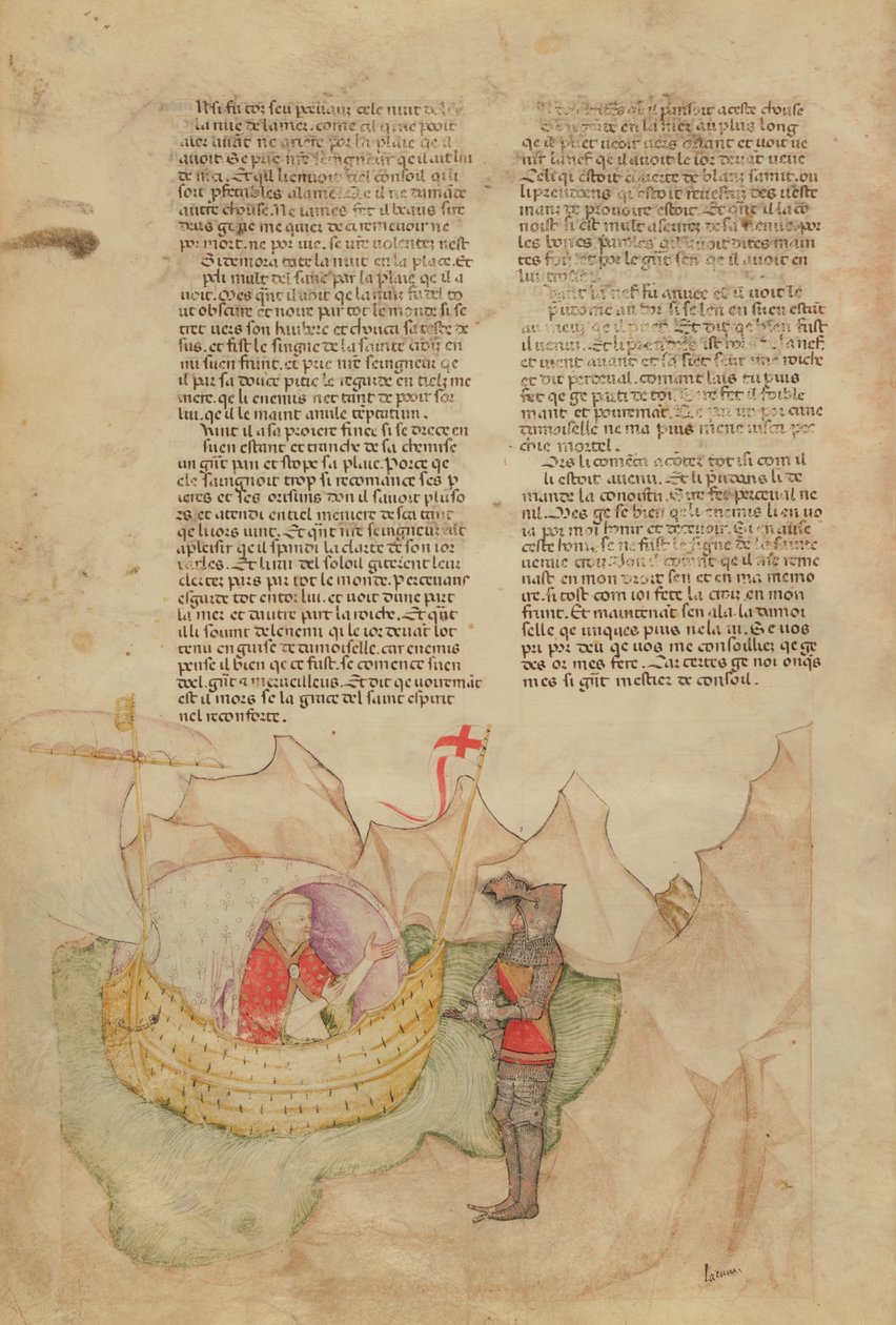 Pani Fr 343 fol.32v Biały statek przybywa na ratunek Percival, z Queste del Saint Graal, ok. 1380-85 autorstwa Italian School