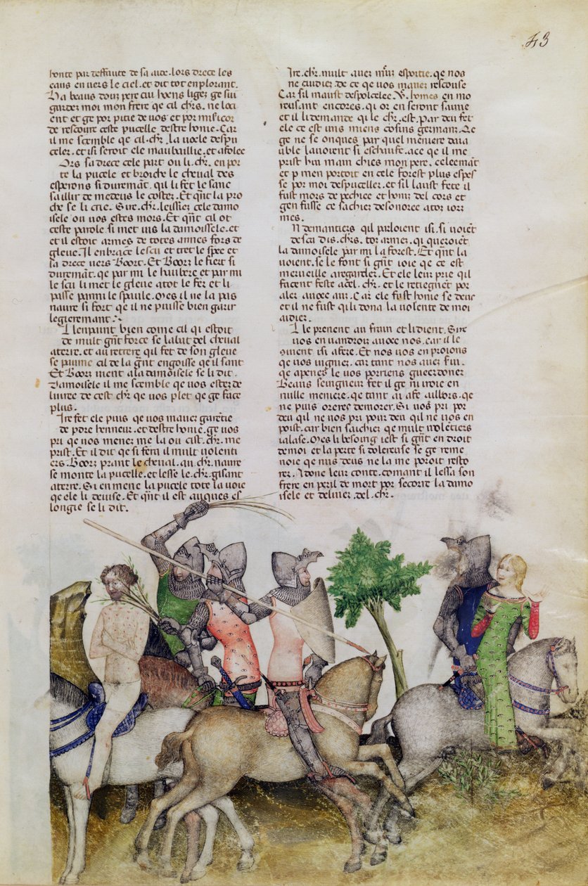 Pani Fr 343 fol.43 Rycerz Okrągłego Stołu, Sir Bors, zmuszony jest dokonać wyboru między uratowaniem brata Lionela a uratowaniem damy z Queste del Saint Graal, ok. 1380-85 autorstwa Italian School