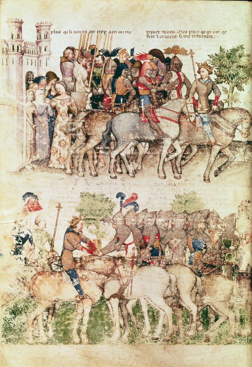 Pani Fr 343 fol.8v Artur i jego rycerze wyruszający na poszukiwanie Świętego Graala, z Queste del Saint Graal, ok. 1380-85 autorstwa Italian School