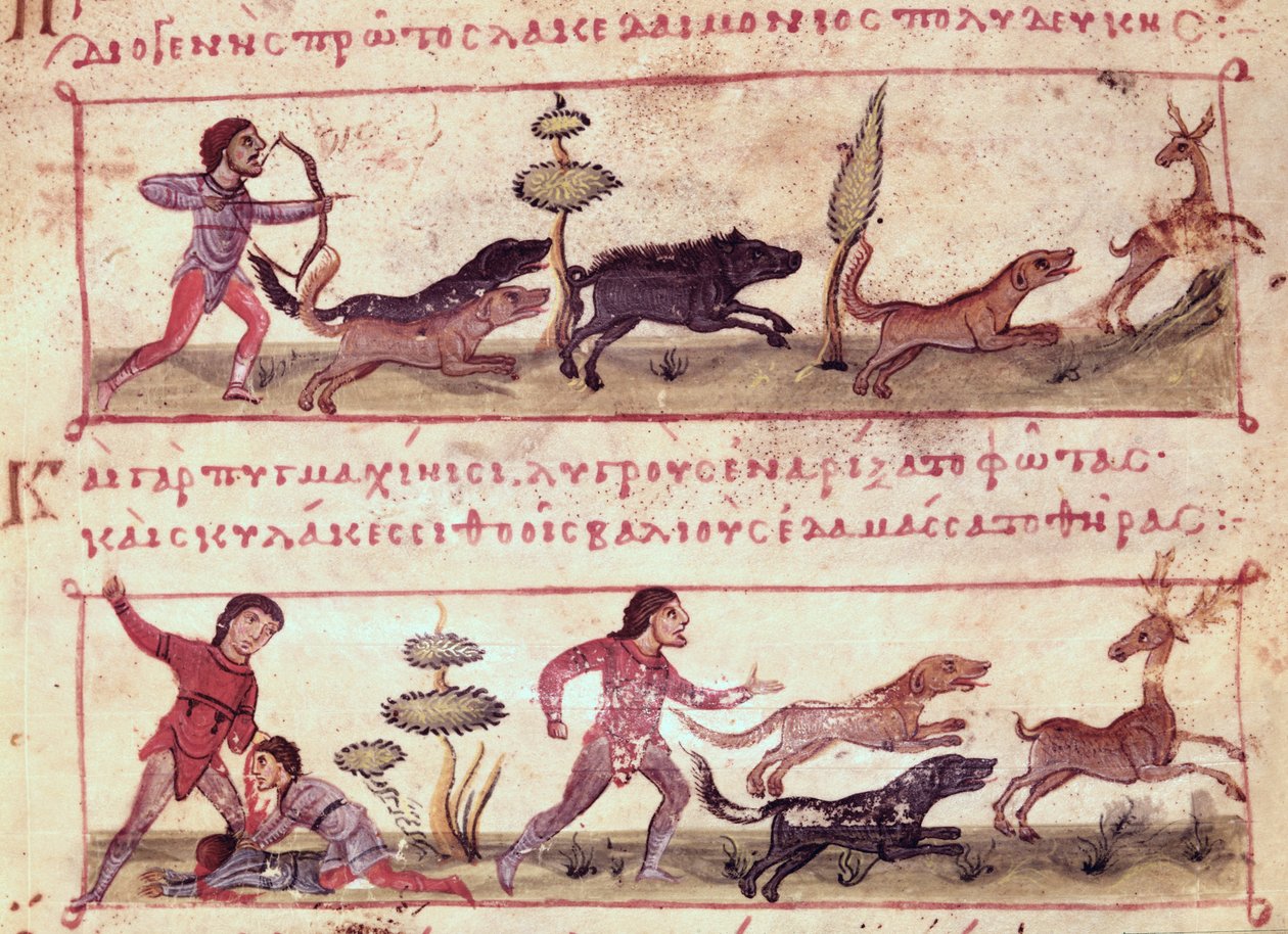 Pani Grec 479 Polowanie na jelenie, ilustracja z Cynegetica autorstwa Oppiana (tempera na welinie) autorstwa Italian School