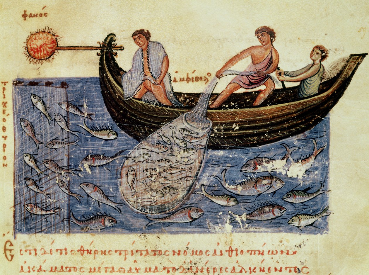 Pani Grec 479 Fishing with a Net, ilustracja z Halieutica autorstwa Oppiana (tempera na welinie) autorstwa Italian School