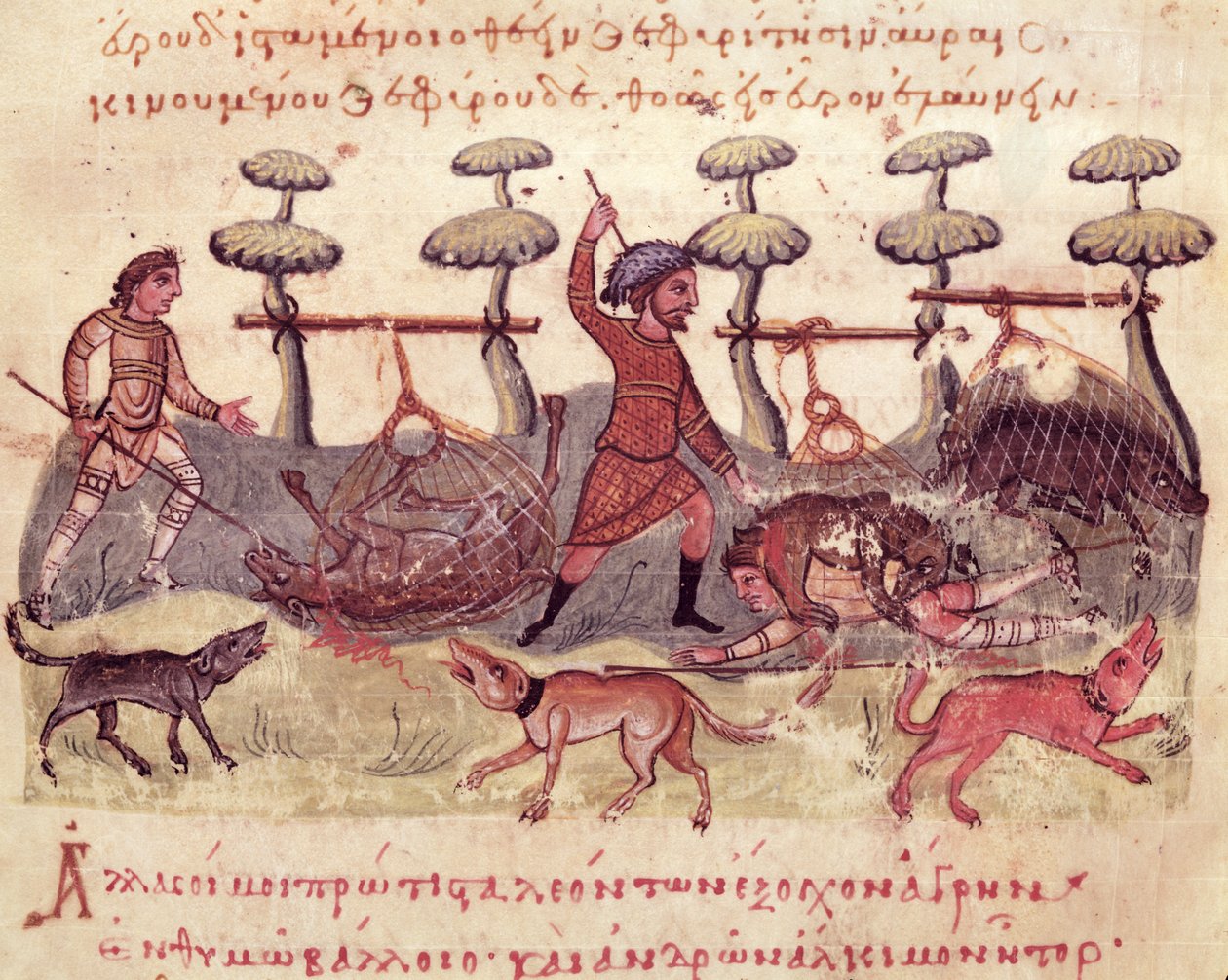 Pani Grec 479 Polowanie z sieciami, ilustracja z Cynegetica autorstwa Oppiana (tempera na welinie) autorstwa Italian School