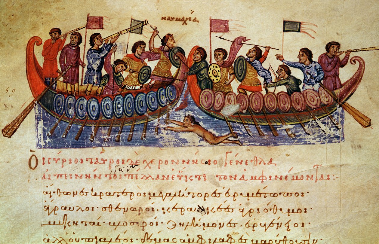 Pani Grec 479 Bitwa morska między dwoma statkami, ilustracja z Halieutica lub Cynegetica autorstwa Oppiana autorstwa Italian School