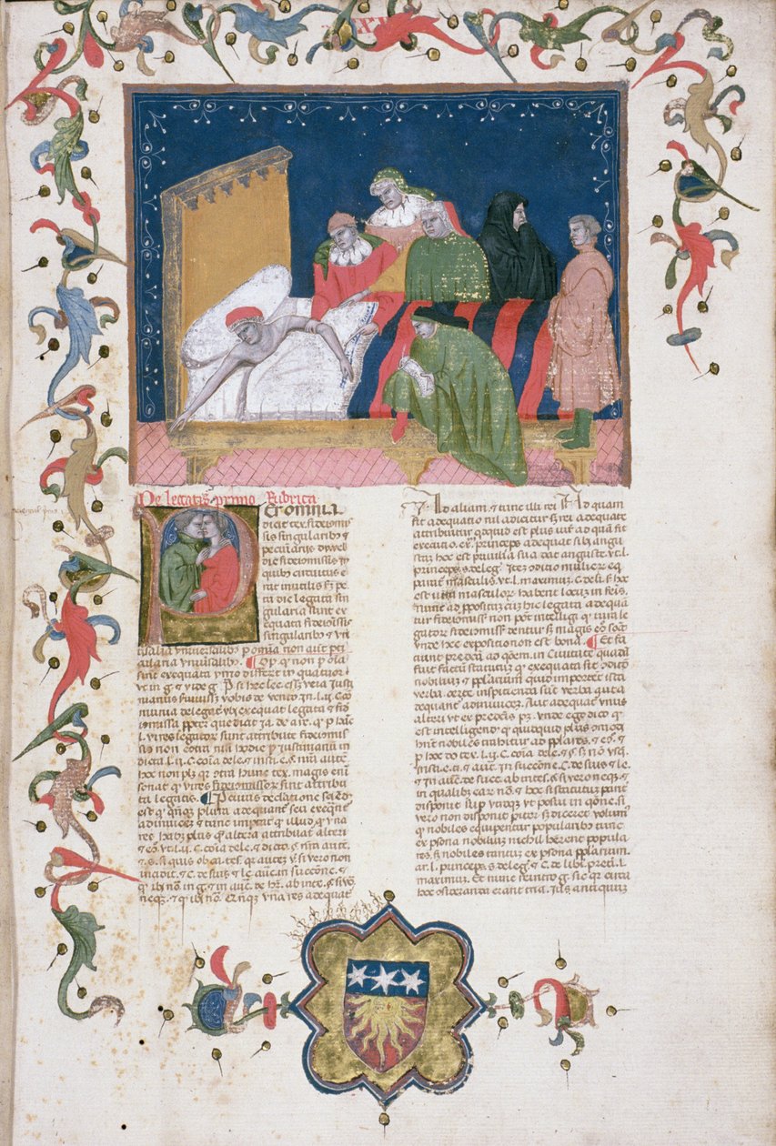Ms Hunter 6 f.1r Człowiek sporządzający testament, z „Lectura super Infortiato” Bartoli de Saxoferrato (1314-57) (welum) autorstwa Italian School