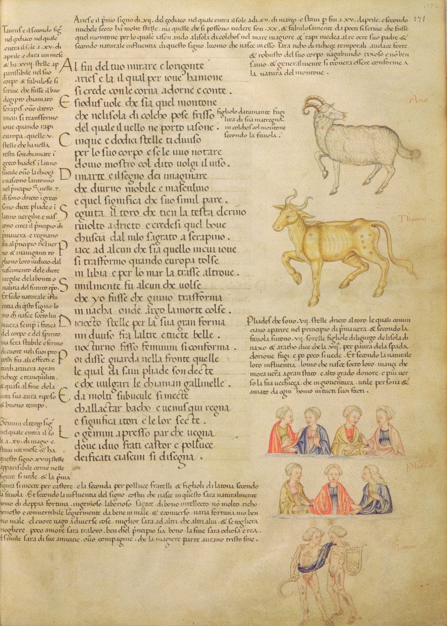 Pani Italien 87 fol.171 Strona ilustrująca znaki astrologiczne, z „De Civitate Dei, San Agostino” (welum) autorstwa Italian School