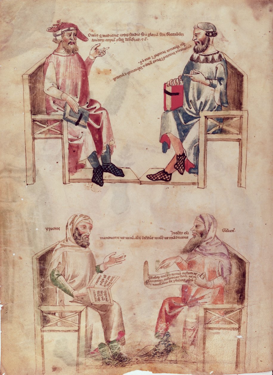 Pani Lat 6823 fol.1v Hipokrates (ok. 460-ok. 377 pne) i Hunayn ibn Ishaq (808-73) oraz Hipokrates i Klaudiusz Galenus (ok. 131-c.201) z De Herbis autorstwa Manfredus de Monte Imperiali, c. 0,330-40 autorstwa Italian School