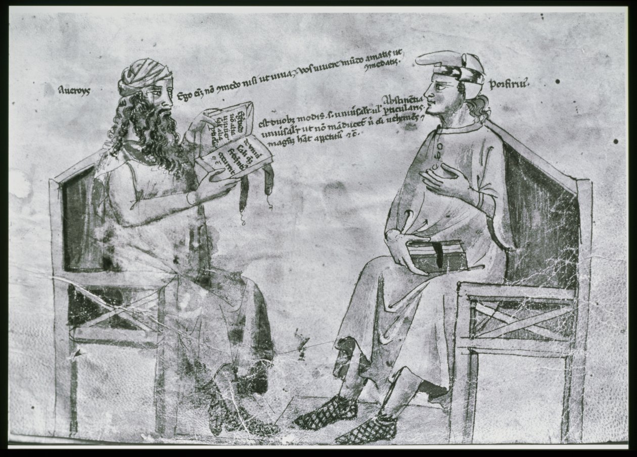 Pani Lat 6823 fol.2 Averroes (1126-98) w rozmowie z Porfirem (ok. 232-c. 305) (pióro i atrament oraz pranie na papierze) autorstwa Italian School