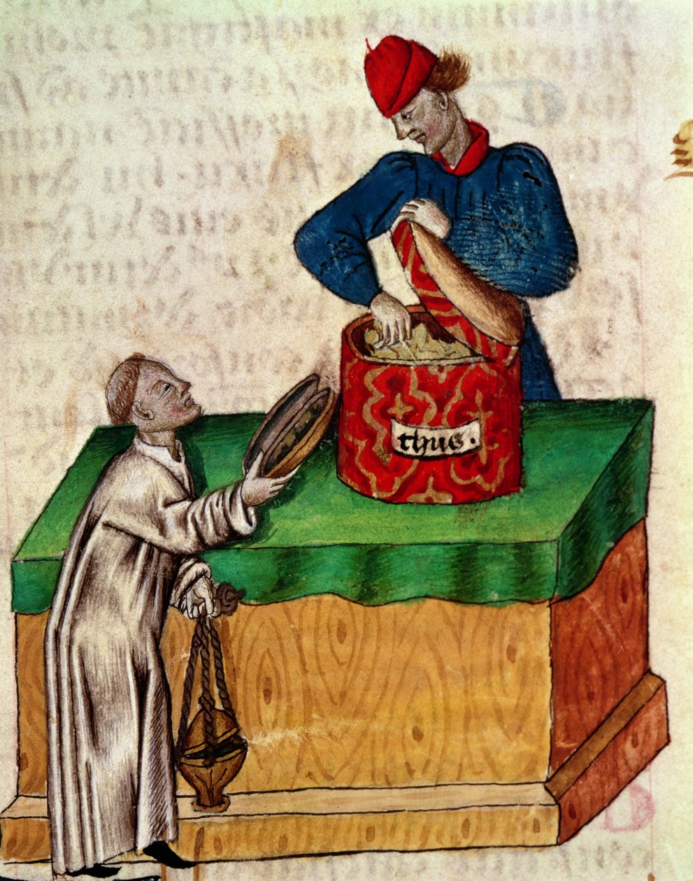 Pani Lat 993 fol.104r Sprzedawca kadzideł, z „Tractatus de Herbis” Dioscoridesa (welum) autorstwa Italian School