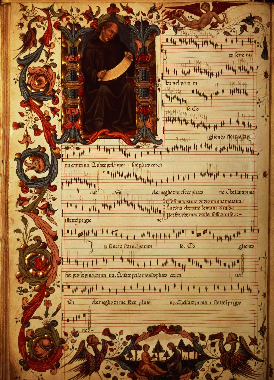 Pani Med. Kumpel. 87 Strona notacji muzycznej z historycznym inicjałem, z Kodeksu Squarcialupi, wyprodukowanego we florenckim klasztorze S. Maria degli Angeli (wellum) autorstwa Italian School