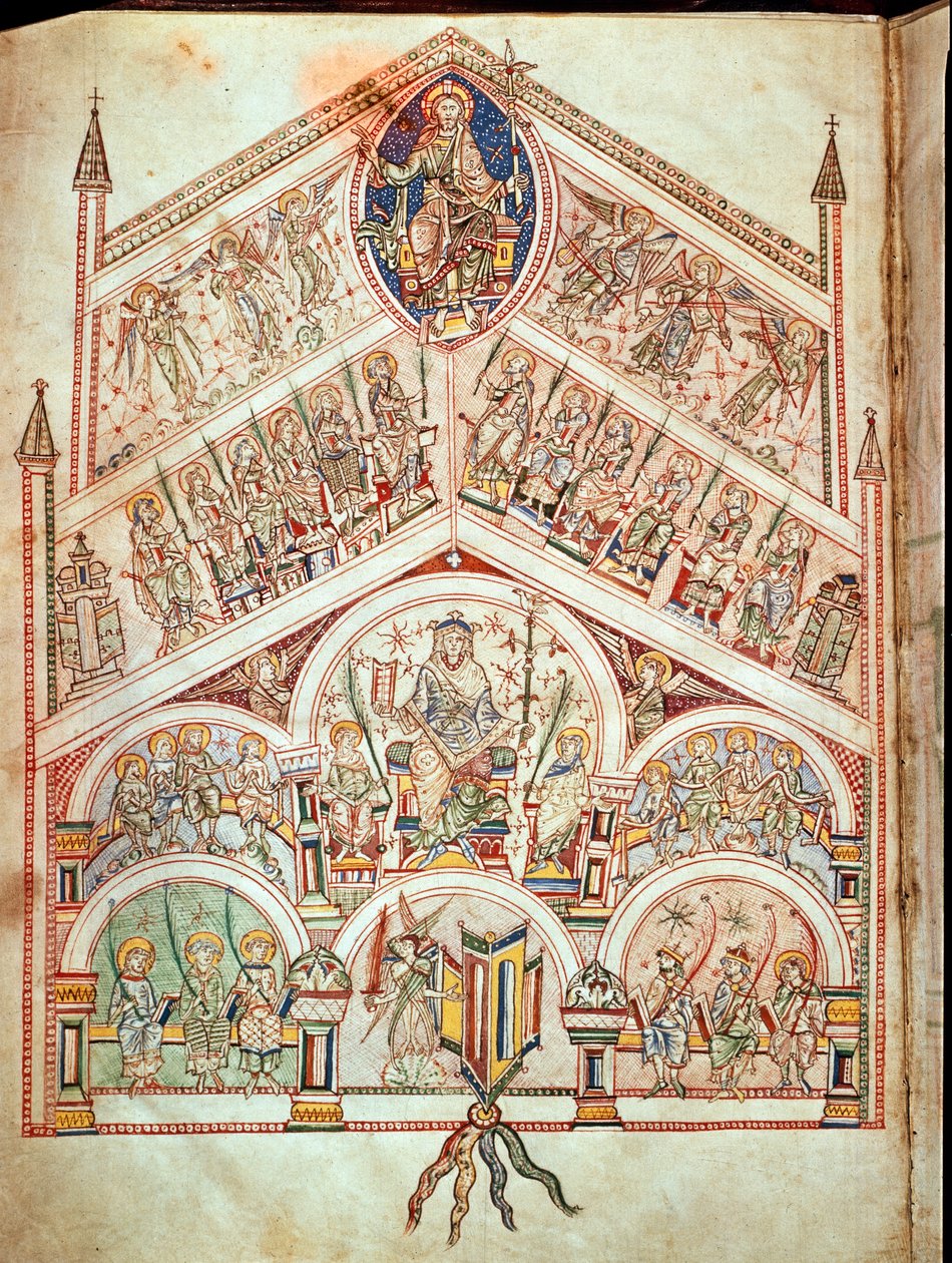 Ms. Plut.12.17 f.2v Niebiańskie Miasto z Chrystusem na tronie, ilustracja do wydania oryginalnego tekstu napisanego przez św. Augustyna z Hippony (354-430) w 413-426, z De Civitate Dei, (11-12 autorstwa Italian School