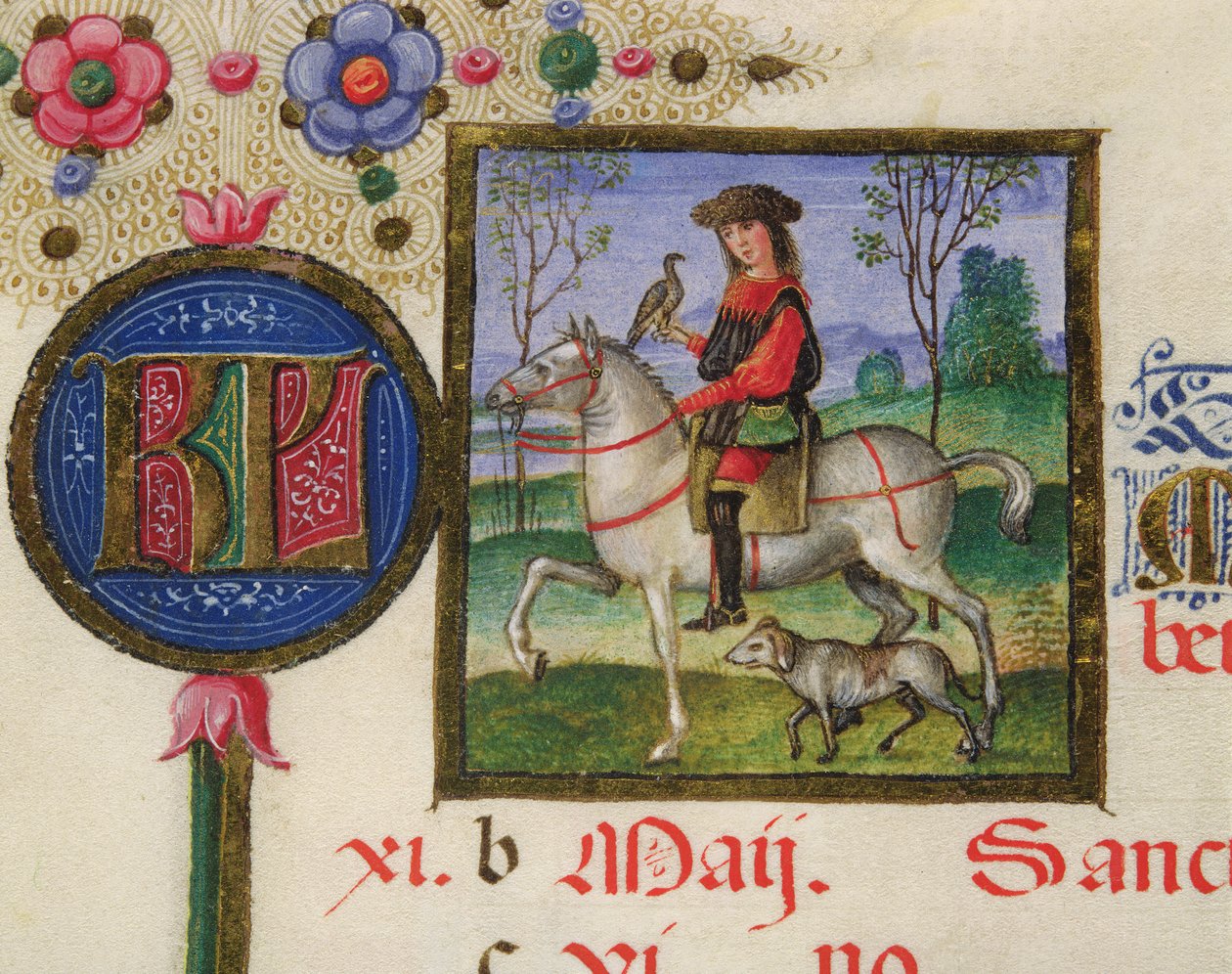 Pani lat.424 fol.3r Miesiąc maj: Sokolnictwo, z brewiarza Ercoli d