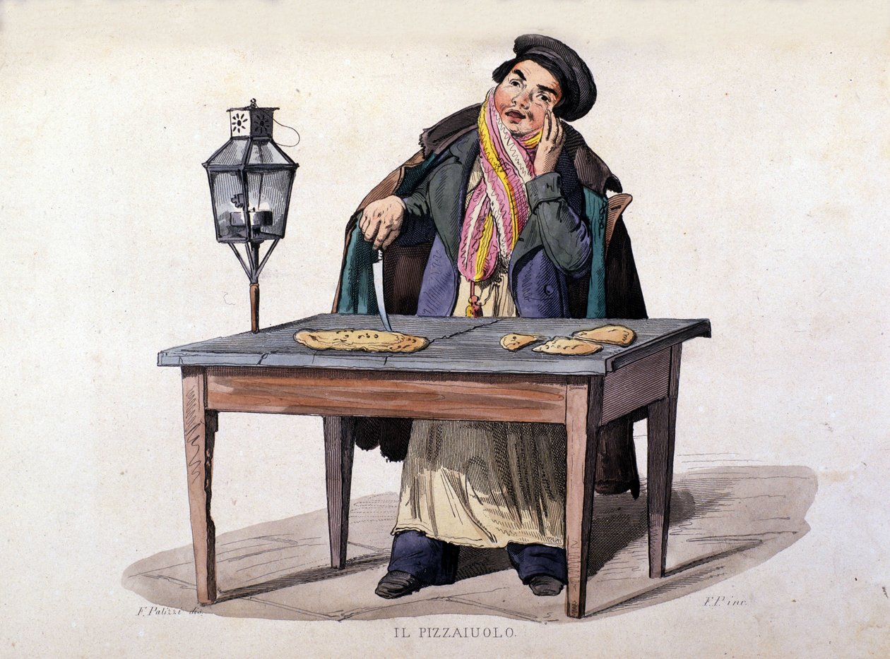 Neapol, sprzedawca pizzy. Grawer wg obrazu F. Palizzy. Z dzieła Francesco de Bourcarda „Stroje Królestwa Neapolu” autorstwa Italian School