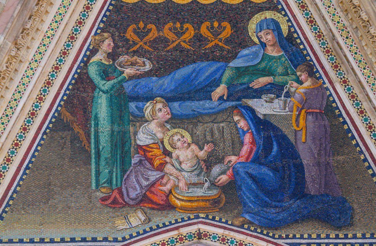 Narodzenia Maryi, mozaika, szczyt bocznego wejścia, mozaika, fasada katedry w Orvieto, Umbria, Włochy autorstwa Italian School