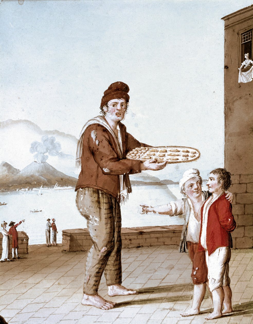 Małe neapolitańskie metiery: Sprzedawca „” Pasticiotti”” (Neapolitan Sands) - (Stary handel: Sprzedawca ciastek) Akwarela z XIX wieku - Neapol Museo Nazionale di San Martino autorstwa Italian School