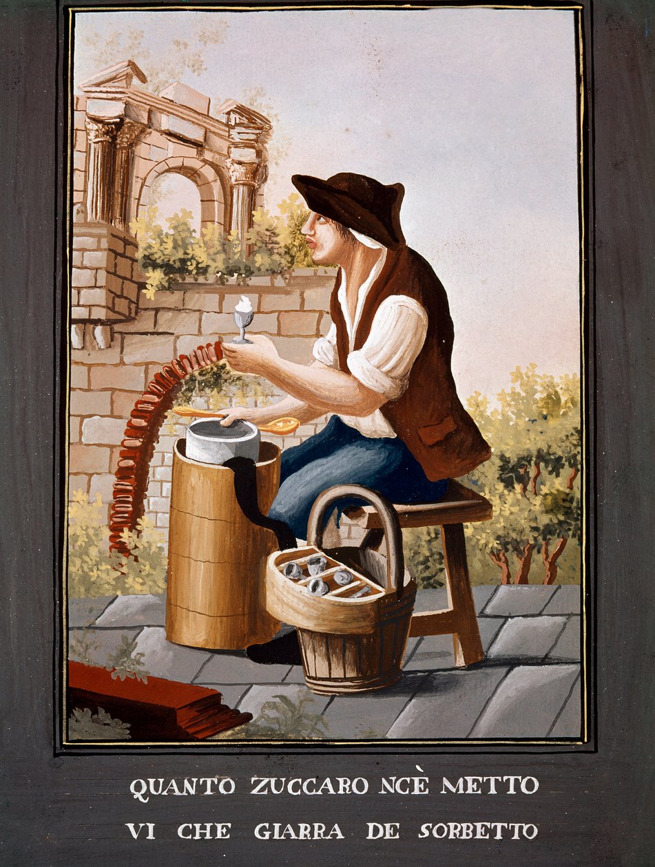 Małe metiery neapolitańskie: sprzedawca sorbetów - (Stary handel: sprzedawca lodów) Akwarela z XIX wieku - Neapol Museo Nazionale di San Martino autorstwa Italian School