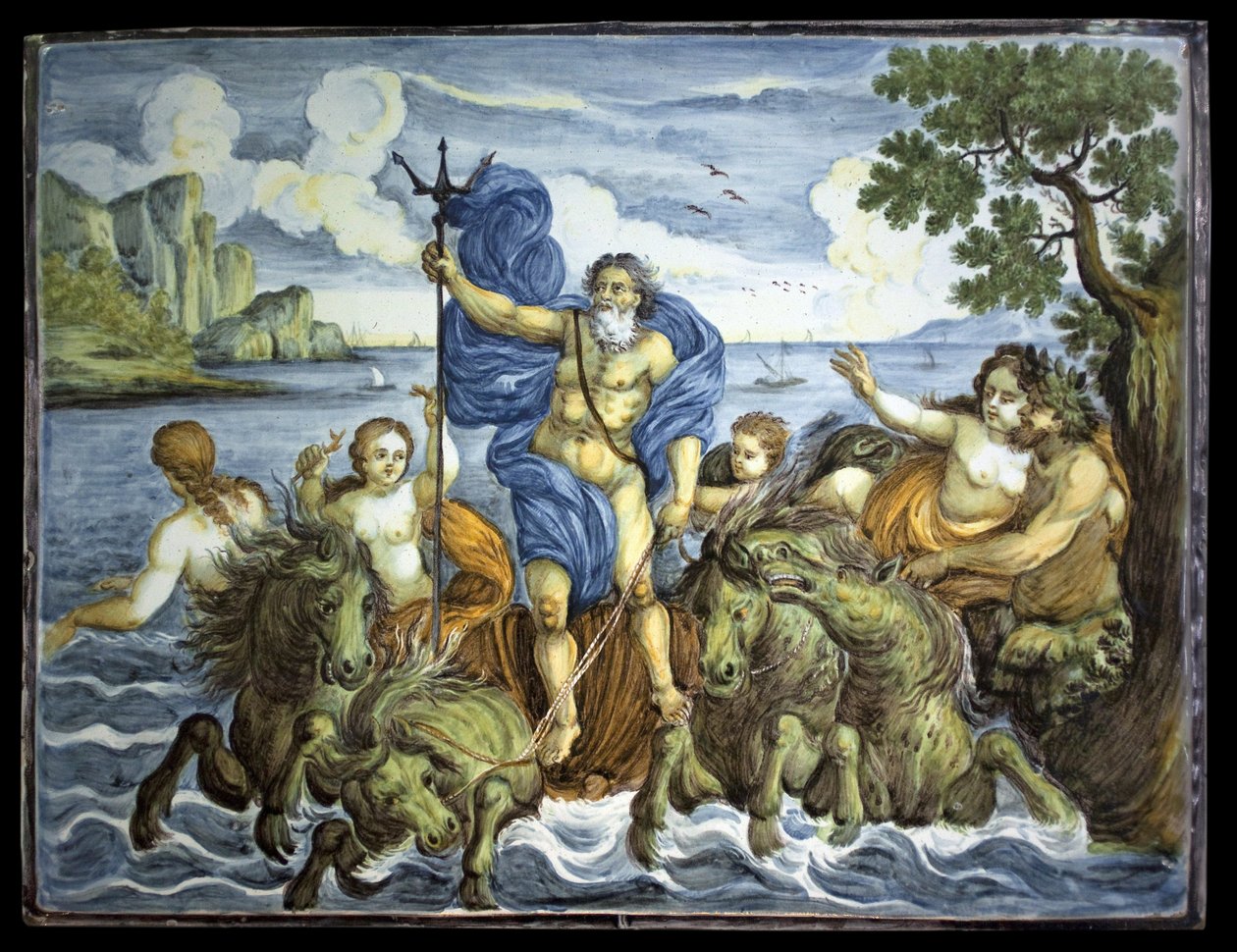 Neptun na swoim czołgu iz trójzębem. Talerz prostokątny, dekoracja wielkiego polichromowanego ognia, wykonany w Castelli we Włoszech autorstwa Italian School