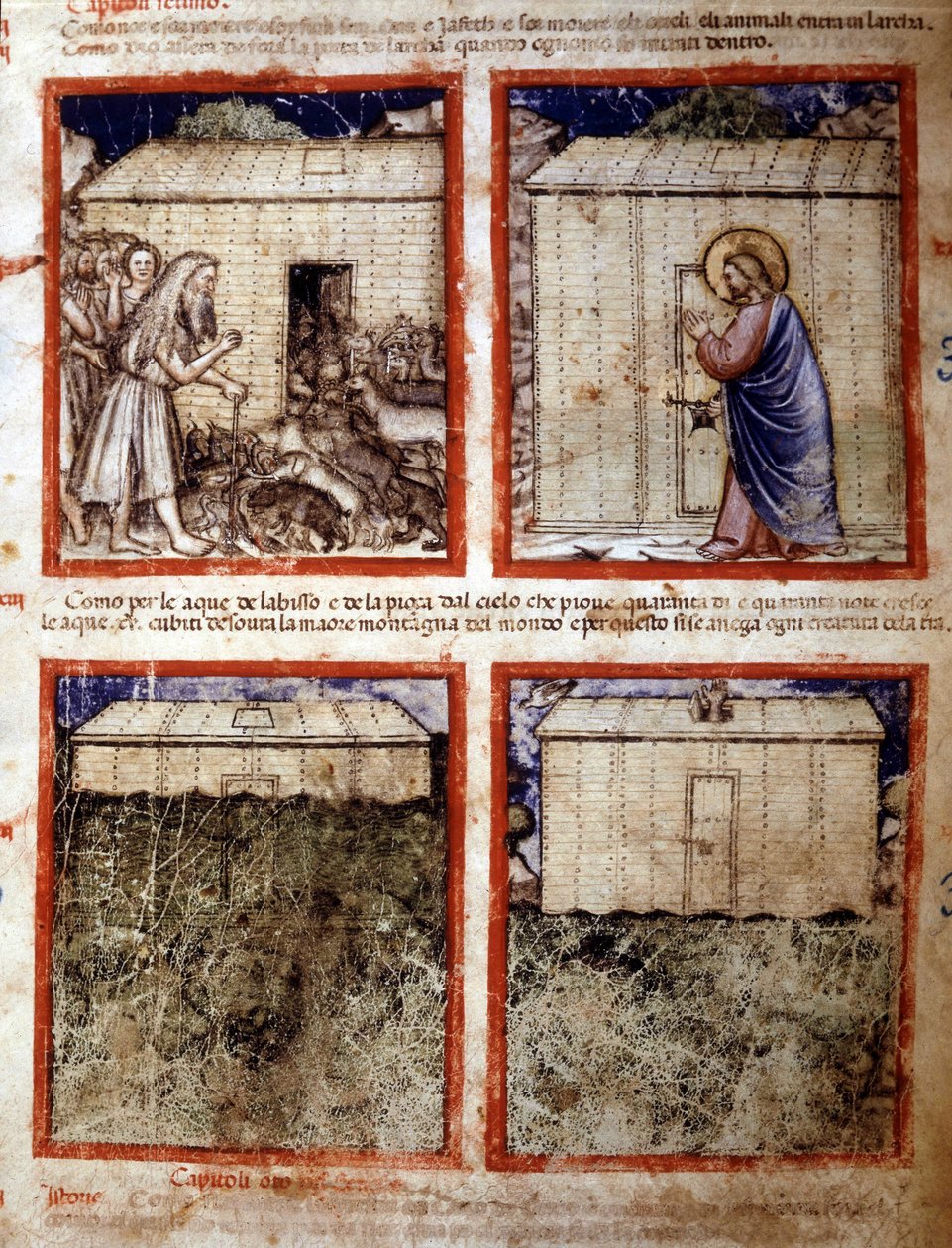 Arka Noego, miniatura zaczerpnięta z kodeksu 212 (lub kodeksu Padovano lub Biblii z Padwy) 1390-1400 Rovigo, Accademia dei Concordi autorstwa Italian School
