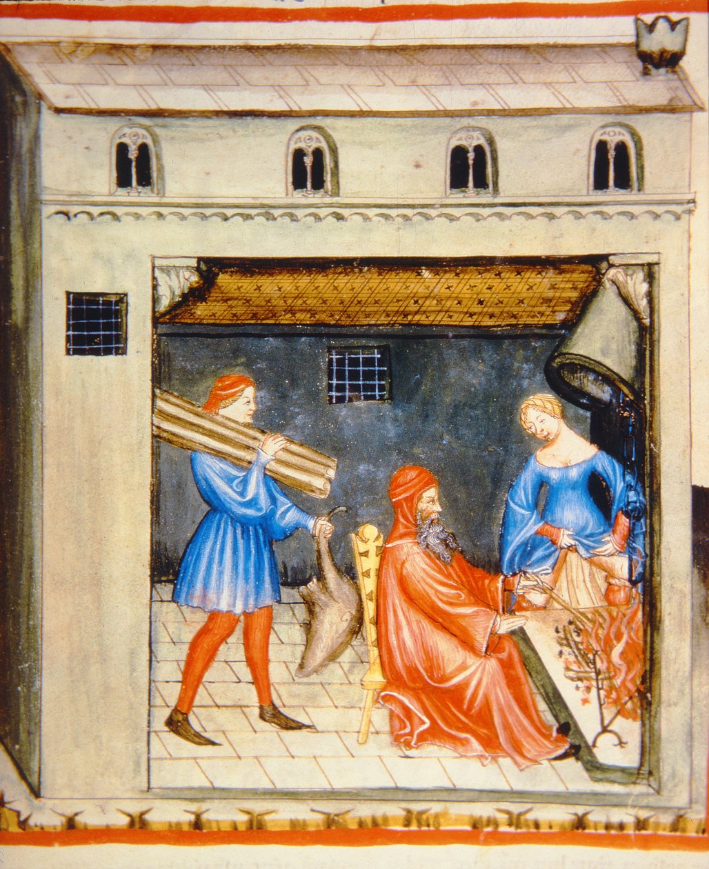 Nova 2644 fol.55r Zima: Przed ogniem, z Tacuinum Sanitatis autorstwa Italian School