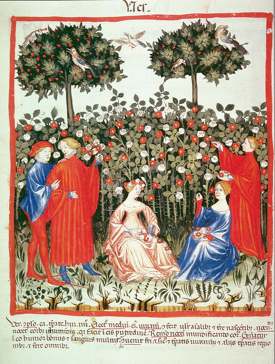 Nova 2644 fol.55v Wiosna: Zbieranie kwiatów, z Tacuinum Sanitatis autorstwa Italian School
