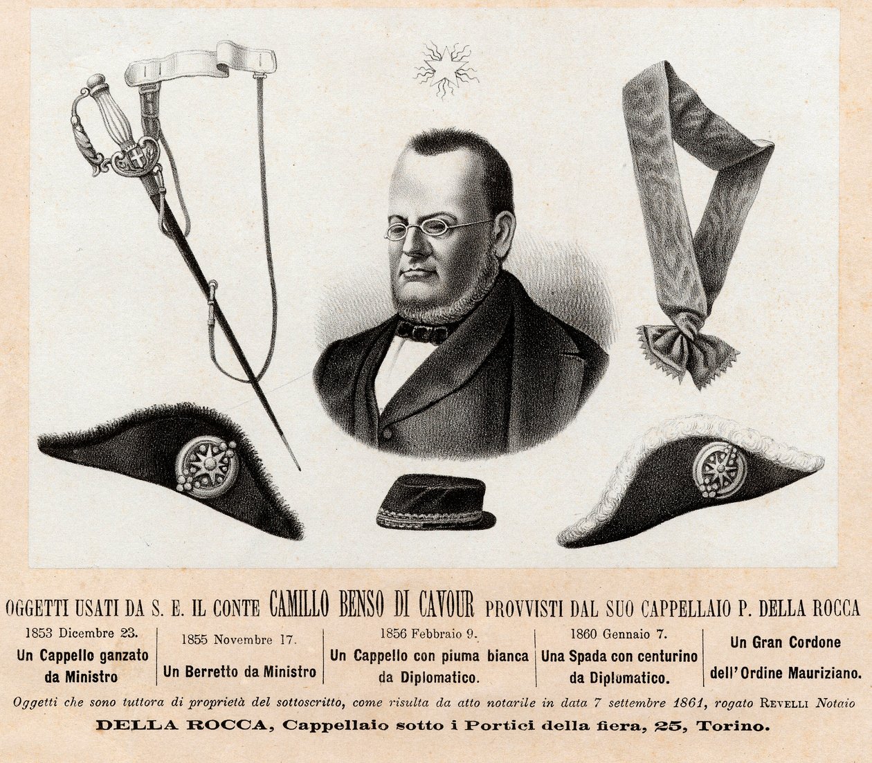 Przedmioty używane przez Camilla Benso conte di Cavour (1810-1861) - kapelusze i insygnia jego funkcji politycznych i dyplomatycznych, z wielkim sznurem Zakonu św. Maurycego i św. Łazarza (Ordine dei Santi Maurizio e Lazzaro) - Grawerowanie XIX w. autorstwa Italian School