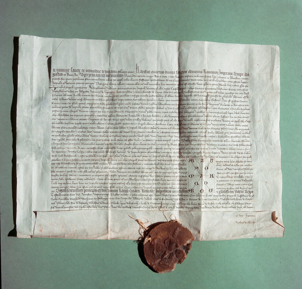 Oficjalny dokument cesarza Karola IV (1316-1378) oficjalnie certyfikujący Uniwersytet w Sienie (Universita di Siena) jako Studium Ogólne”” autorstwa Italian School