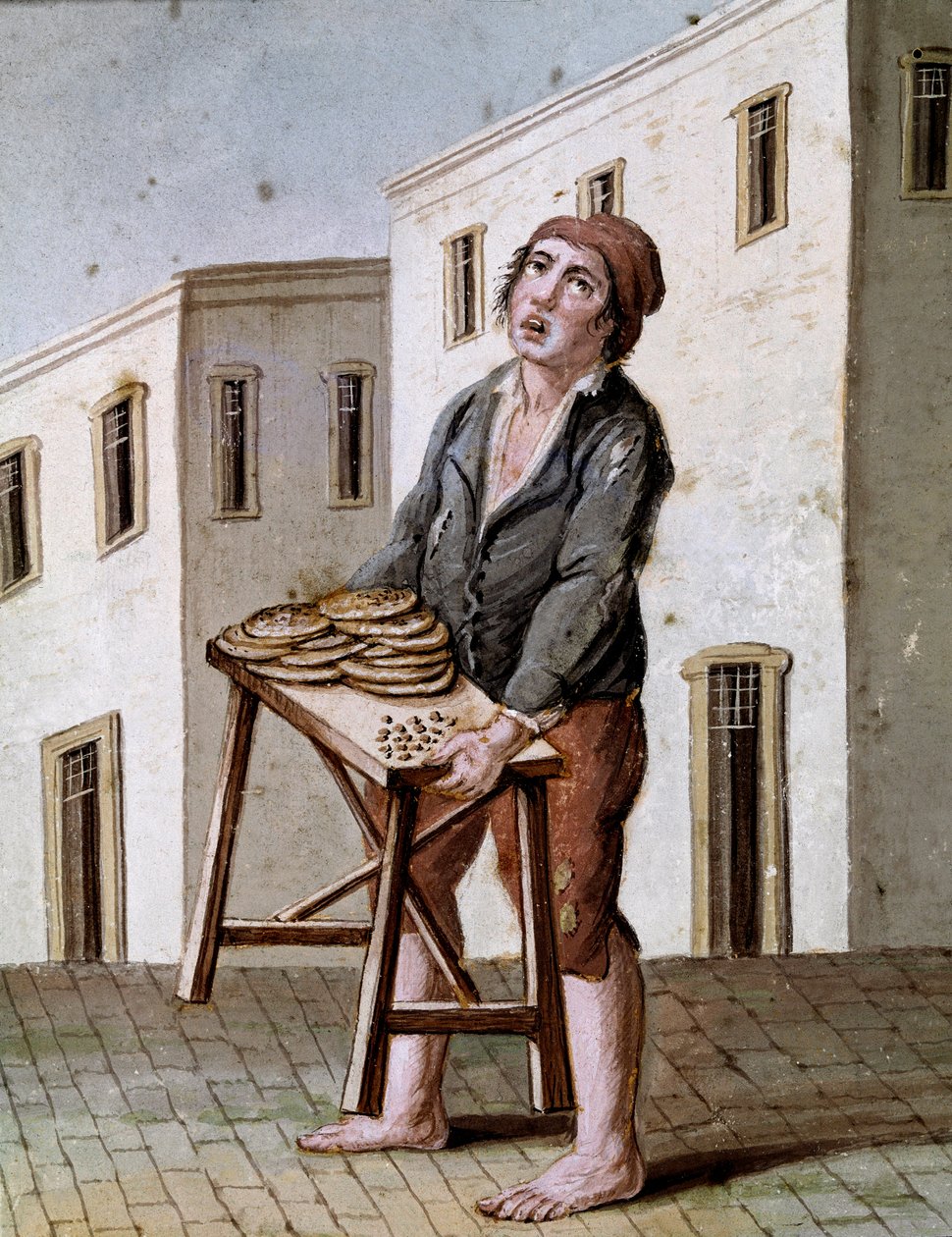 Stare neapolitańskie metiery: sprzedawca pizzy - XIX-wieczna akwarela - Neapol Museo Nazionale di San Martino autorstwa Italian School
