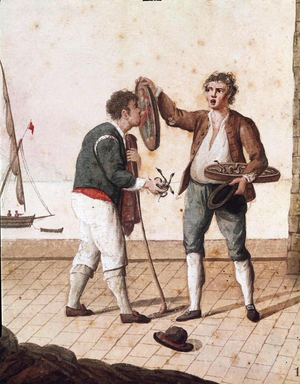 Stare neapolitańskie metiery: sprzedawcy małych węży - (Stare neapolitańskie zawody: sprzedawca zaskrońców) Akwarela z XIX wieku - Neapol Museo Nazionale di San Martino autorstwa Italian School