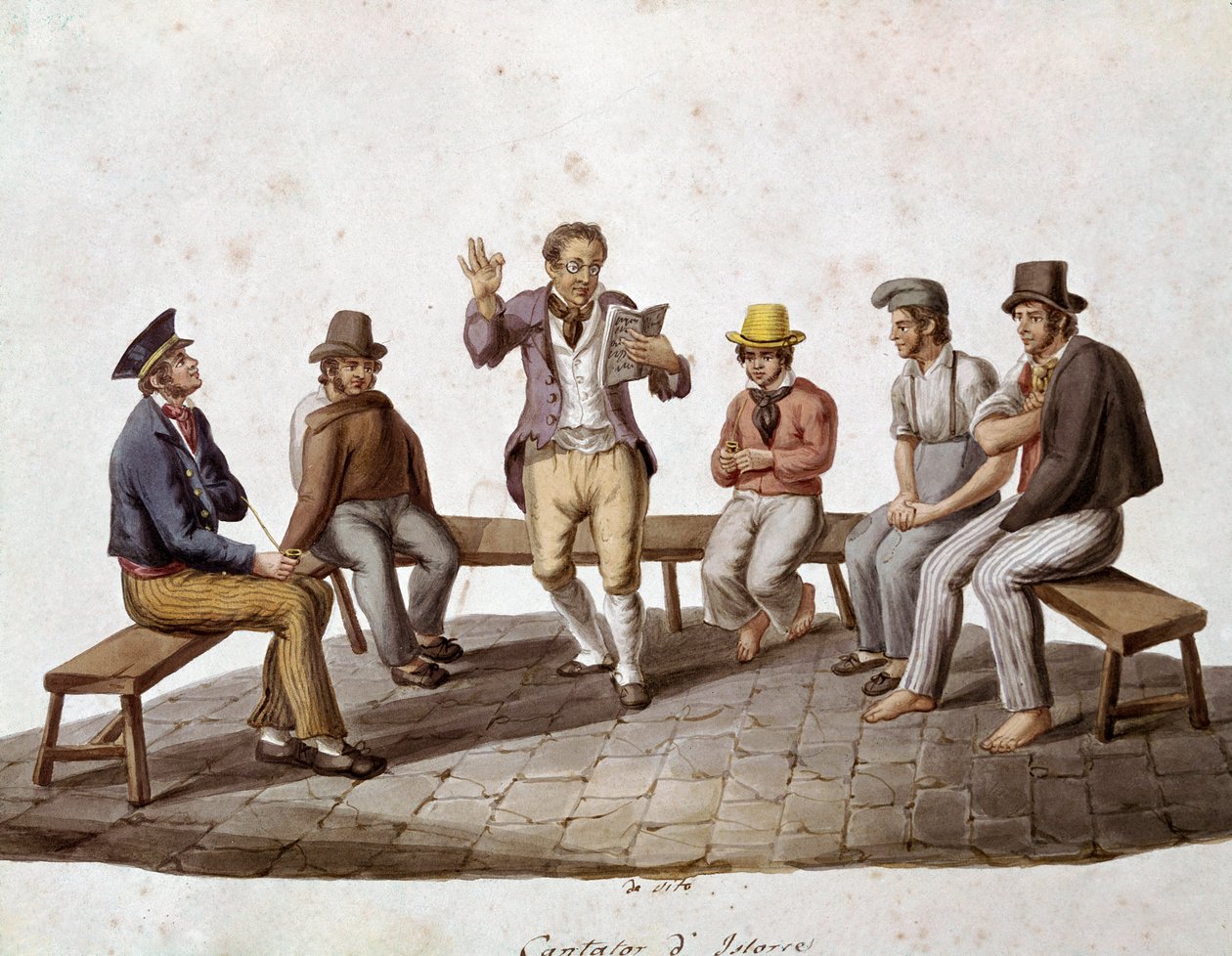 Stare neapolitańskie metiery: wędrowny czytelnik lub śpiewak ballad - (Stare neapolitańskie zawody: gawędziarz) Akwarela z XIX wieku - Neapol Museo Nazionale di San Martino autorstwa Italian School
