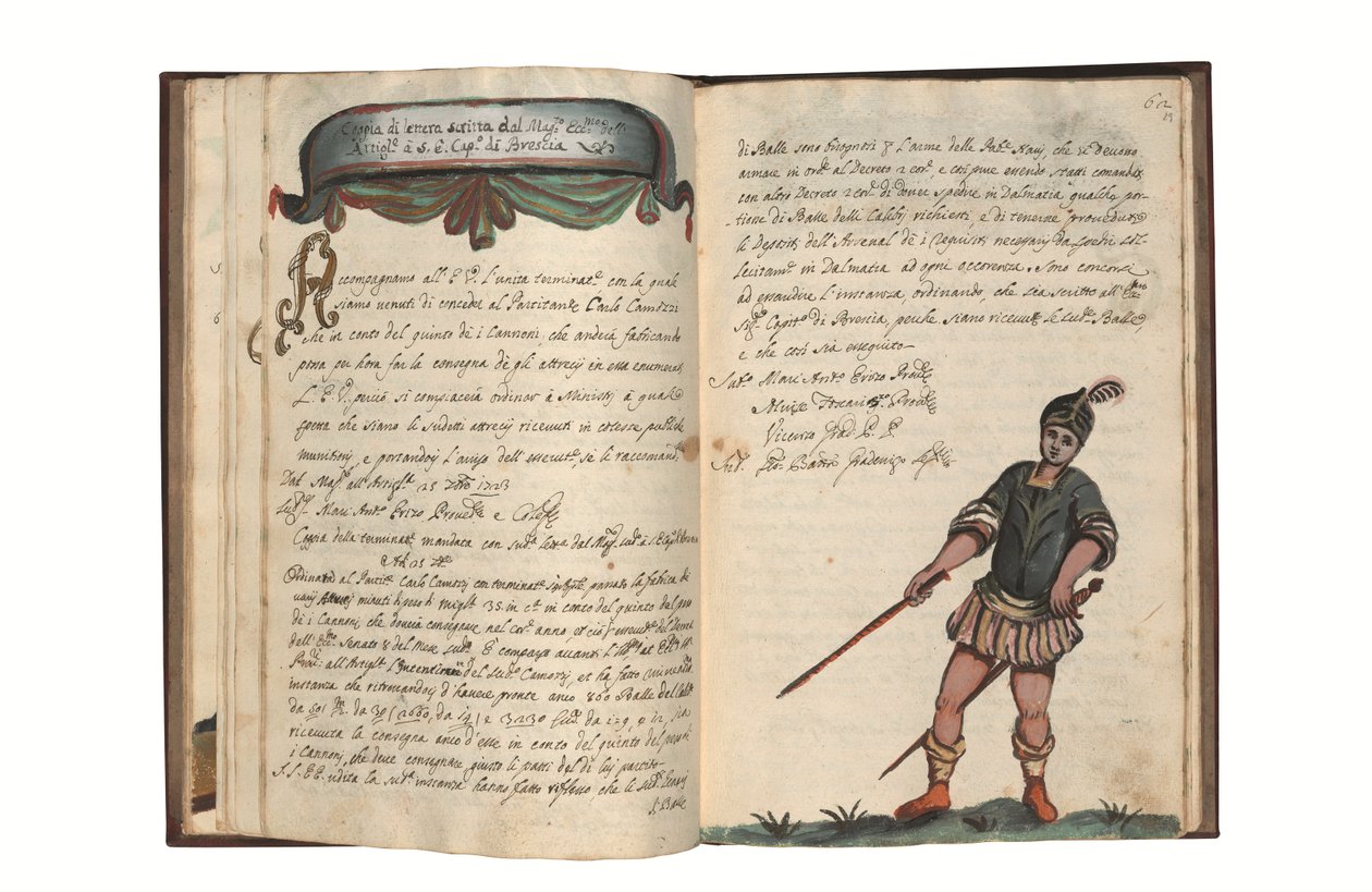 O produkcji dział dla Republiki Weneckiej autorstwa Carlo Camozzi di Bergamo (fl.1712), w języku włoskim i łacińskim, ilustrowany rękopis na papierze, Wenecja, pierwsza połowa XVIII wieku (tusz i kolor na papierze) autorstwa Italian School