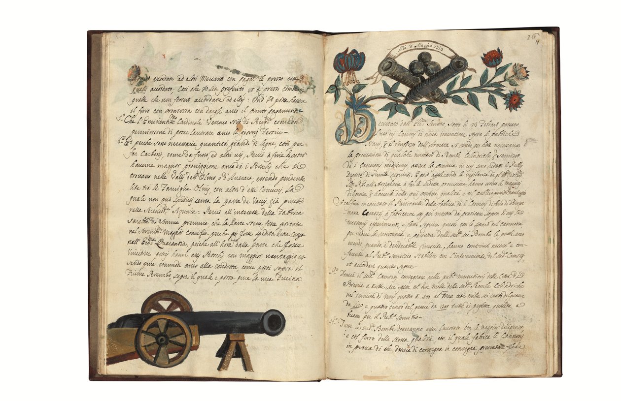 O produkcji dział dla Republiki Weneckiej autorstwa Carlo Camozzi di Bergamo (fl.1712), w języku włoskim i łacińskim, ilustrowany rękopis na papierze, Wenecja, pierwsza połowa XVIII wieku (tusz i kolor na papierze) autorstwa Italian School